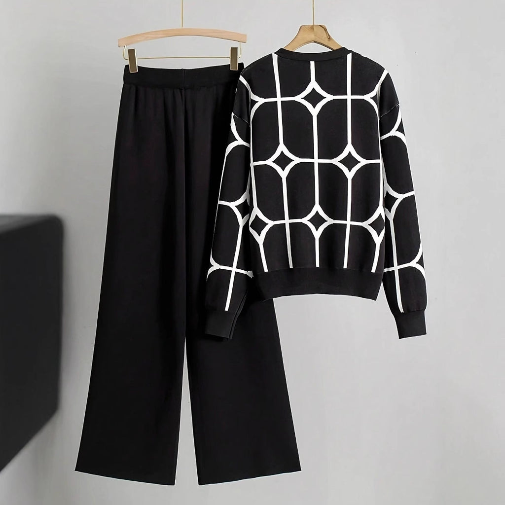 Ensemble Chic Deux Pièces en Maille pour Femme – Cardigan Col V à Motifs Floraux