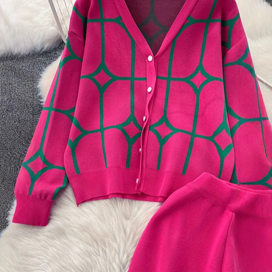 Ensemble Chic Deux Pièces en Maille pour Femme – Cardigan Col V à Motifs Floraux