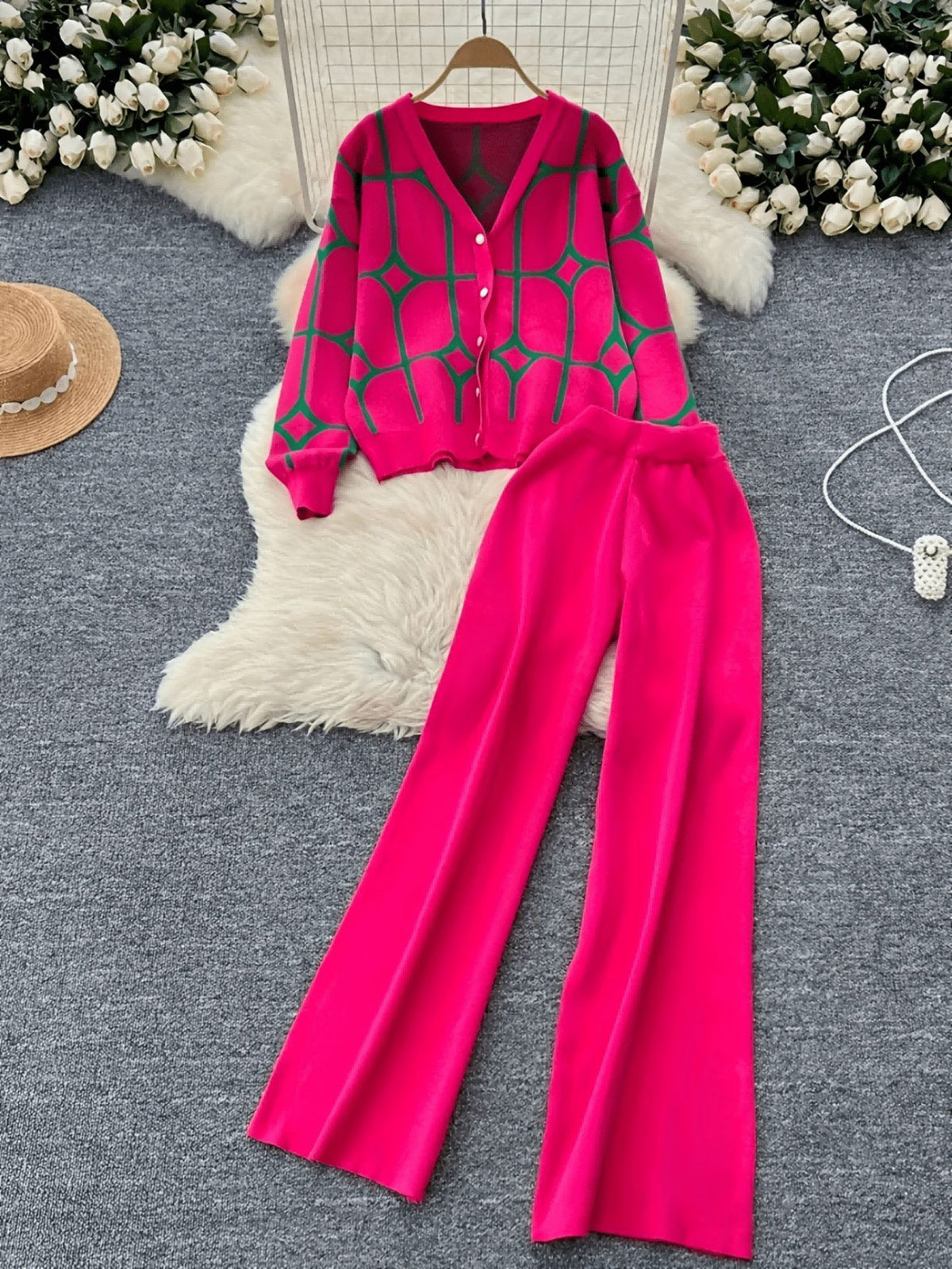 Ensemble Chic Deux Pièces en Maille pour Femme – Cardigan Col V à Motifs Floraux