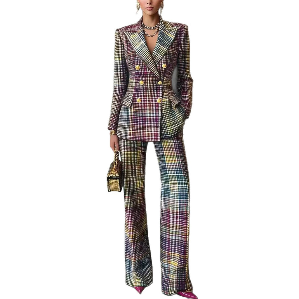 Ensemble tailleur 2 pièces femme – Blazer ajusté & pantalon à carreaux