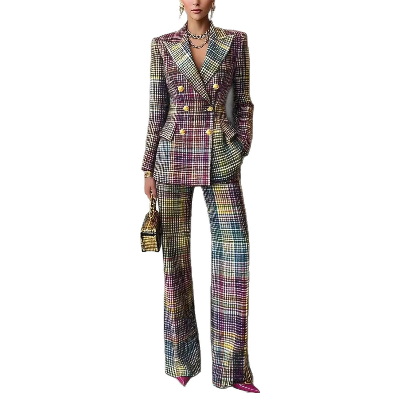Ensemble tailleur 2 pièces femme – Blazer ajusté & pantalon à carreaux
