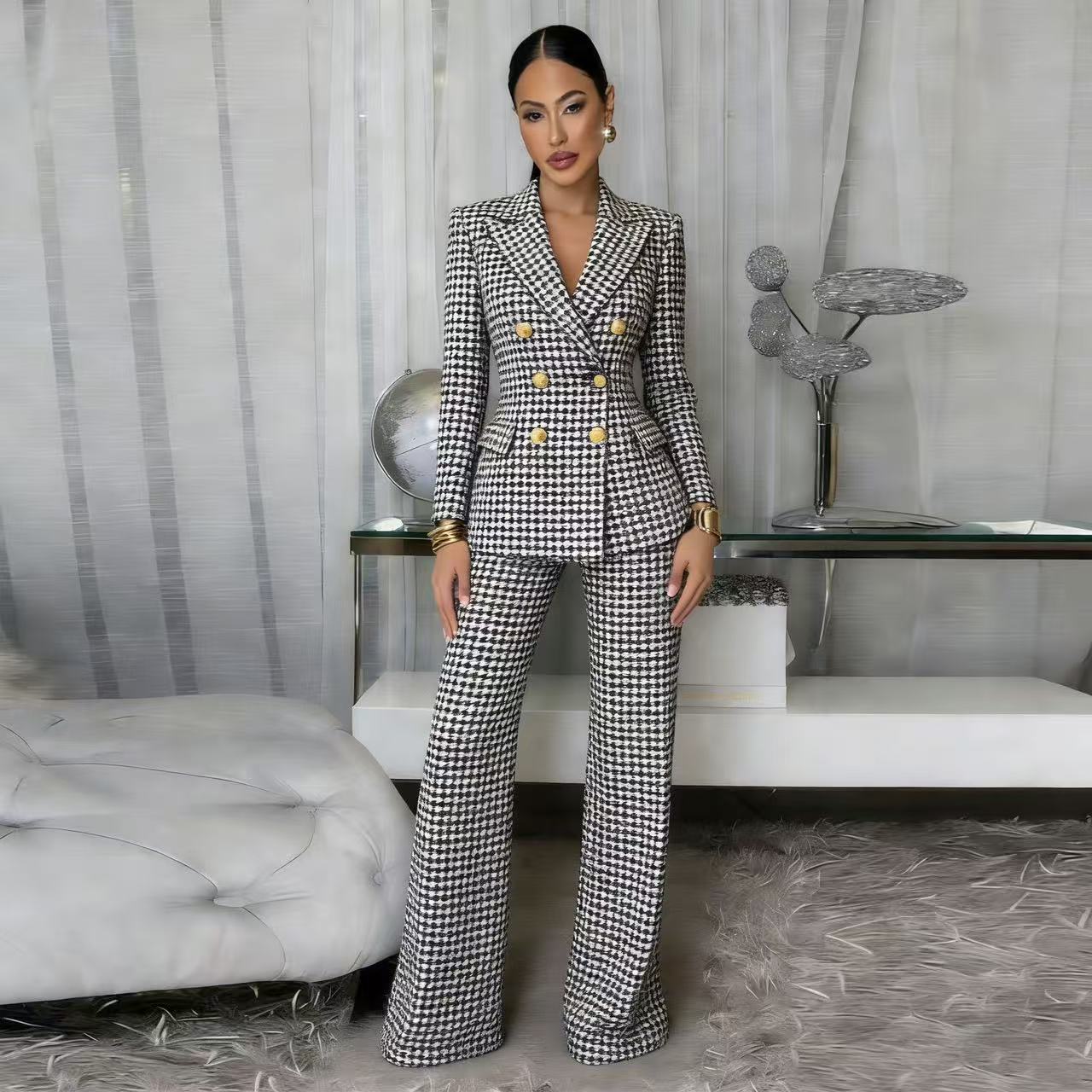 Ensemble tailleur 2 pièces femme – Blazer ajusté & pantalon à carreaux