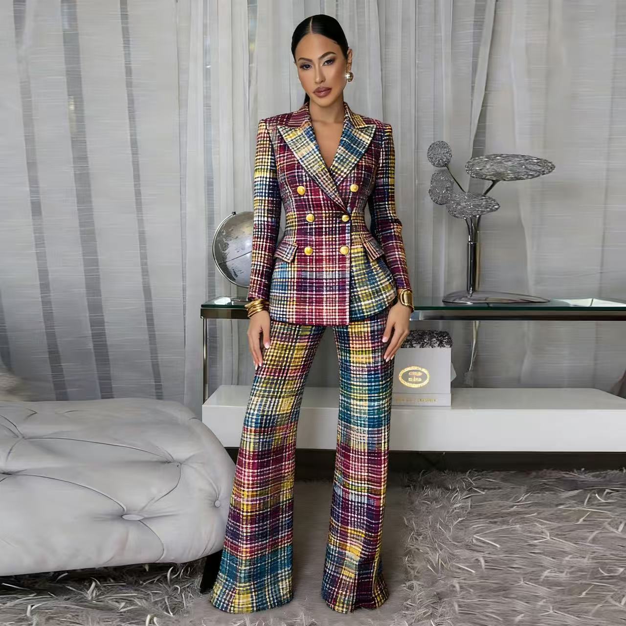 Ensemble tailleur 2 pièces femme – Blazer ajusté & pantalon à carreaux
