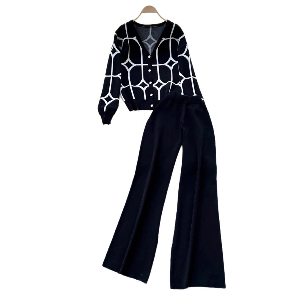 Ensemble Chic Deux Pièces en Maille pour Femme – Cardigan Col V à Motifs Floraux