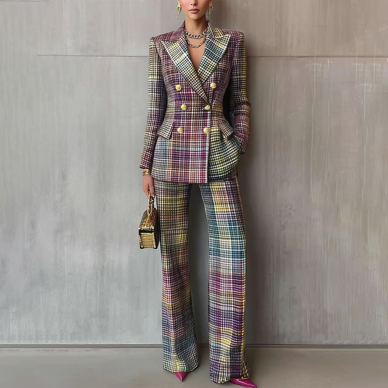 Ensemble tailleur 2 pièces femme – Blazer ajusté & pantalon à carreaux