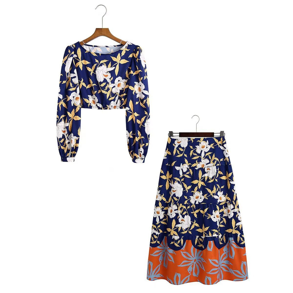 Ensemble Femme Imprimé Rétro – Haut à Manches Longues & Pantalon