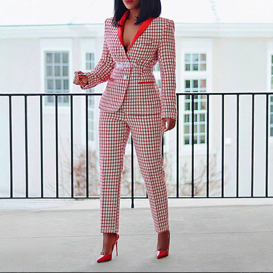 Ensemble Tailleur Femme à Carreaux – Blazer Chic & Pantalon